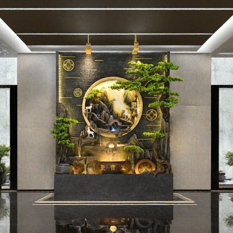 善水源落地假山流水喷泉山水瀑布景观客厅办公室水系大型水幕墙屏风摆件 水色山光