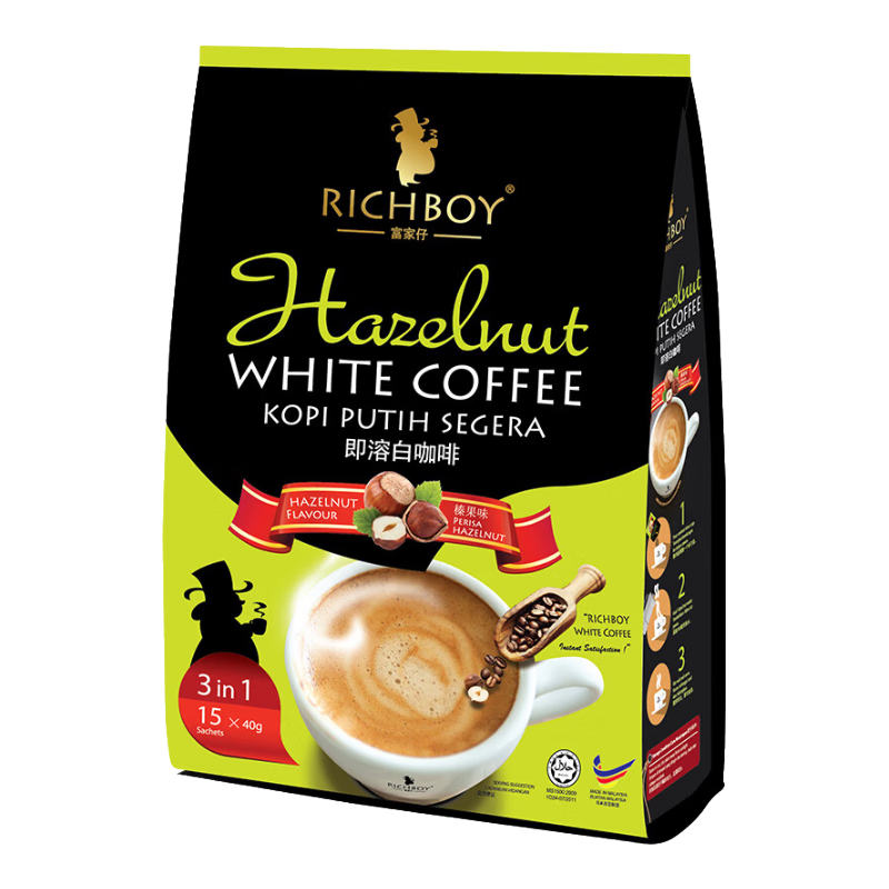 富家仔（RICHBOY）榛果拿鐵風(fēng)味馬來(lái)西亞白咖啡 原裝精品咖啡粉 特濃速溶三合一 榛果味 1x15x40g