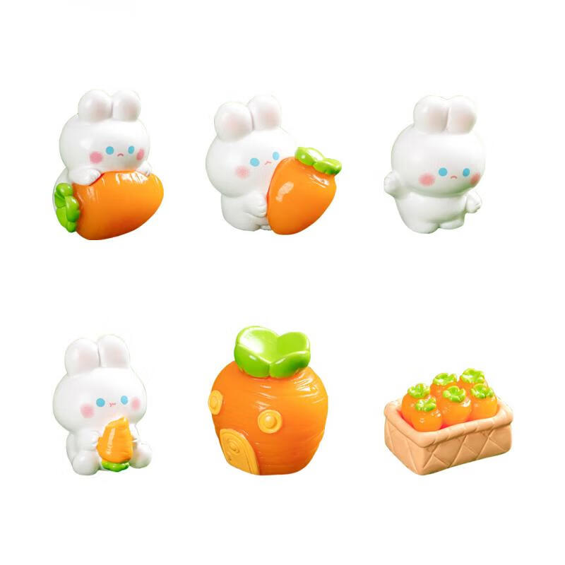 集物一册卡通小兔子微景观摆件胡萝卜萌兔园树脂摆件车载摆件创意元旦礼物 Q版胡萝卜兔（一套6件）