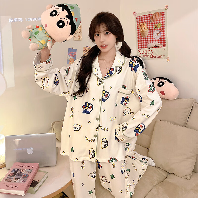 萧淑妃蜡笔小新纯棉睡衣女春秋季休闲可外穿卡通学生长袖开衫家居服套装 动感超人 M