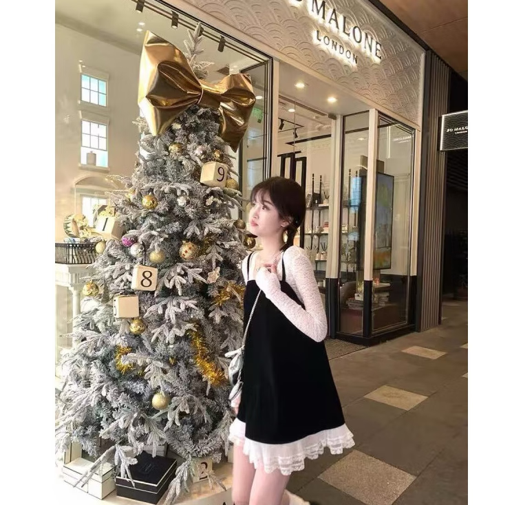 辞柠丝绒吊带连衣裙甜美风套装女春小个子露背蕾丝拼接长袖T恤两件套 打底 S