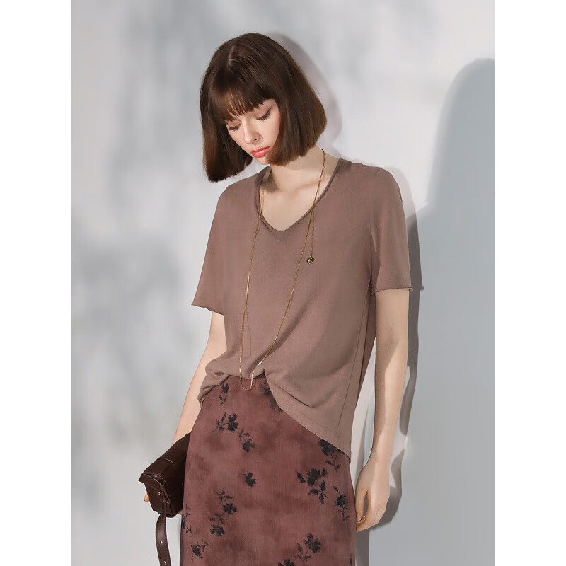 COCOBELLA[剪影花卉]新中式暈染印花雪紡半身裙國風(fēng)魚尾裙 奶咖T恤TS7017 S