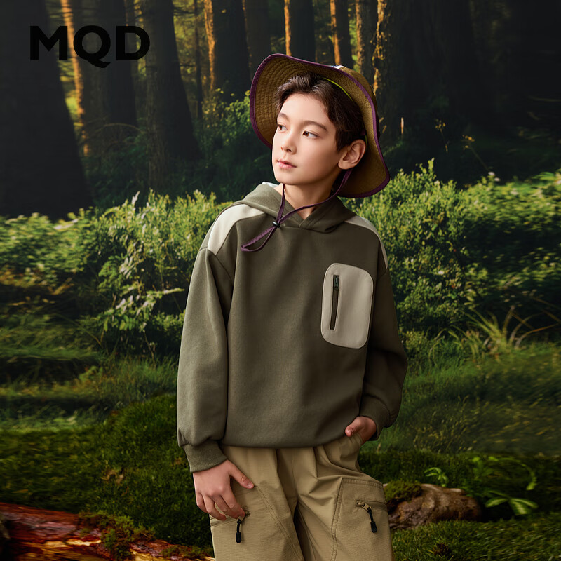 马骑顿（MQD）男童25春学院风工装拼色休闲运动连帽卫衣上衣 军绿 160