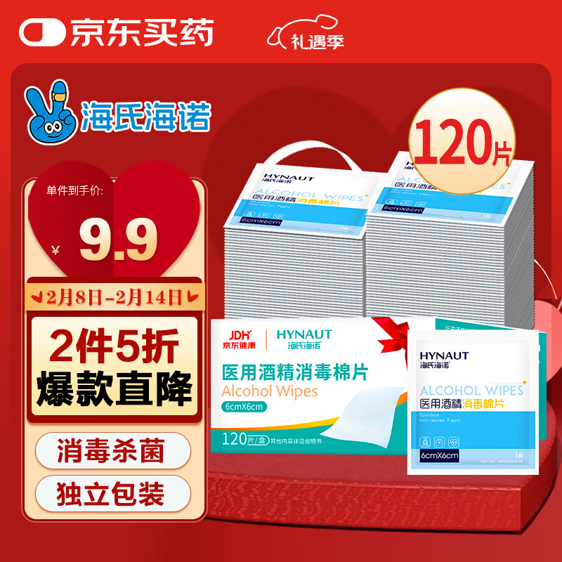 海氏海诺 75%医用消毒湿巾棉片 酒精棉片 120片装 6*6cm