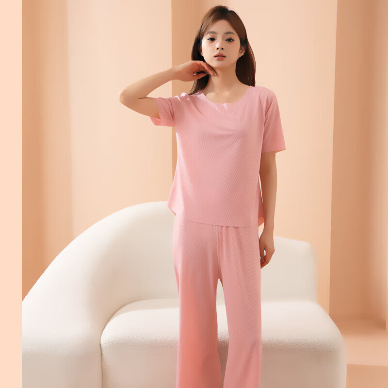 有只绵情侣睡衣套装春夏季冰丝无痕宽松大码男女款可外穿家居服 女款-卡其色 4XL