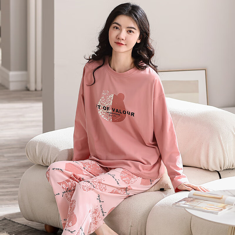 芬腾纯棉睡衣女士春秋季长袖长裤套装圆领少女全棉休闲大码家居服 FX2490448粉红 L 建议:110-125斤