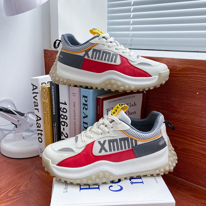 将远行女鞋运动鞋休闲鞋女春季新款网面透气老爹鞋舒适软底时尚跑步鞋女 红色 36 （尺码偏小，建议拍大一码）