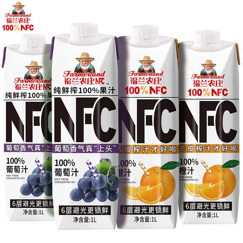 福兰农庄100%NFC果汁屋顶装 纯鲜榨果汁0脂肪橙汁饮料新年礼盒胖东来同款 橙汁2瓶+葡萄汁2瓶