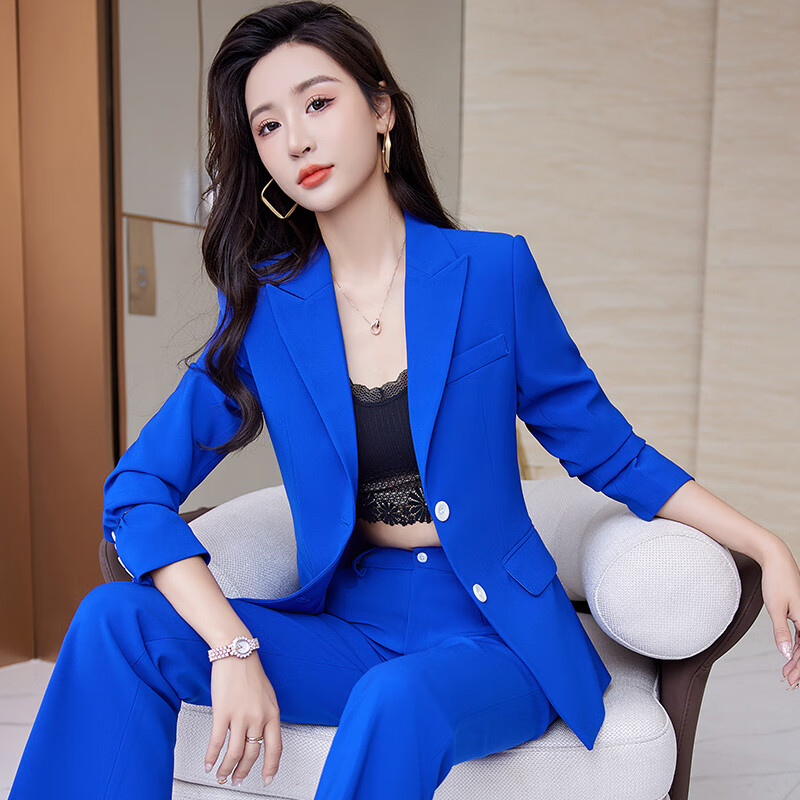 沣宁休闲西装套装女2022新款春秋气质时尚职业装女神范蓝色小西服外套