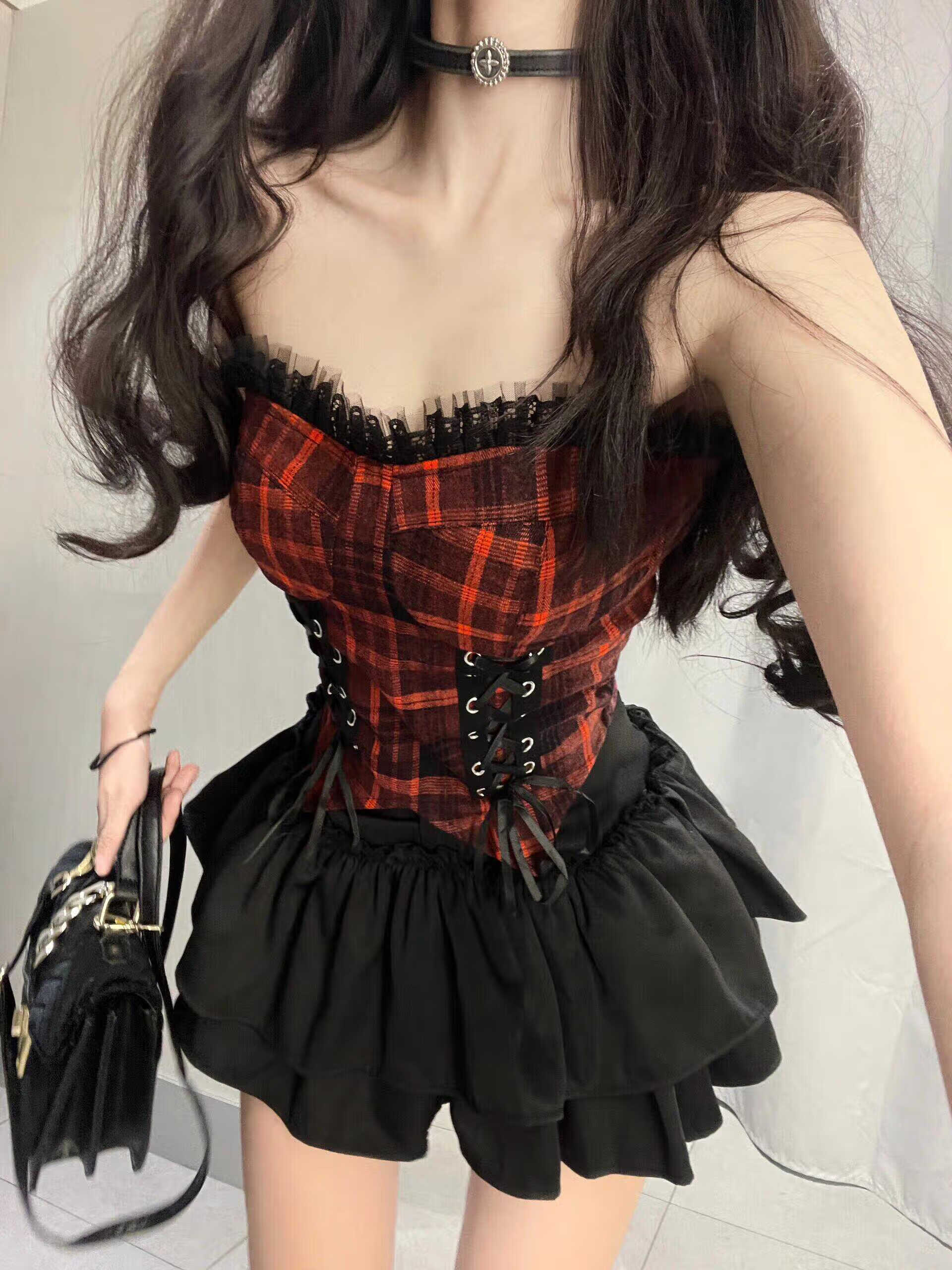 恪信胖妹妹穿的時(shí)尚背帶裙套裝長裙純欲套裝辣妹復(fù)古撞色格子綁帶抹胸 上衣 XS