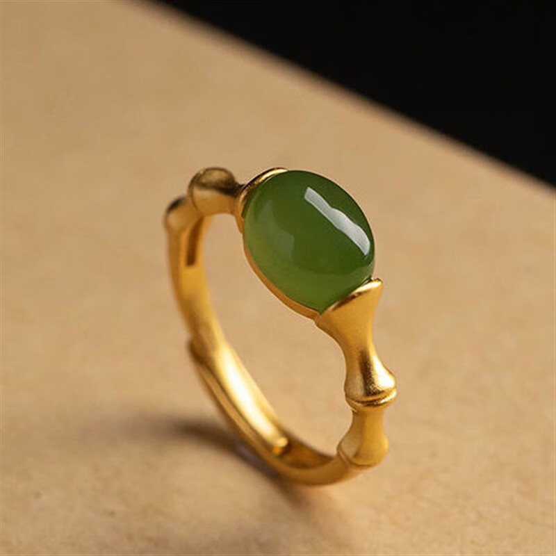 珠佩丽和田玉戒指和田玉碧玉戒指女竹节时尚个性小众玉指环 碧玉竹节