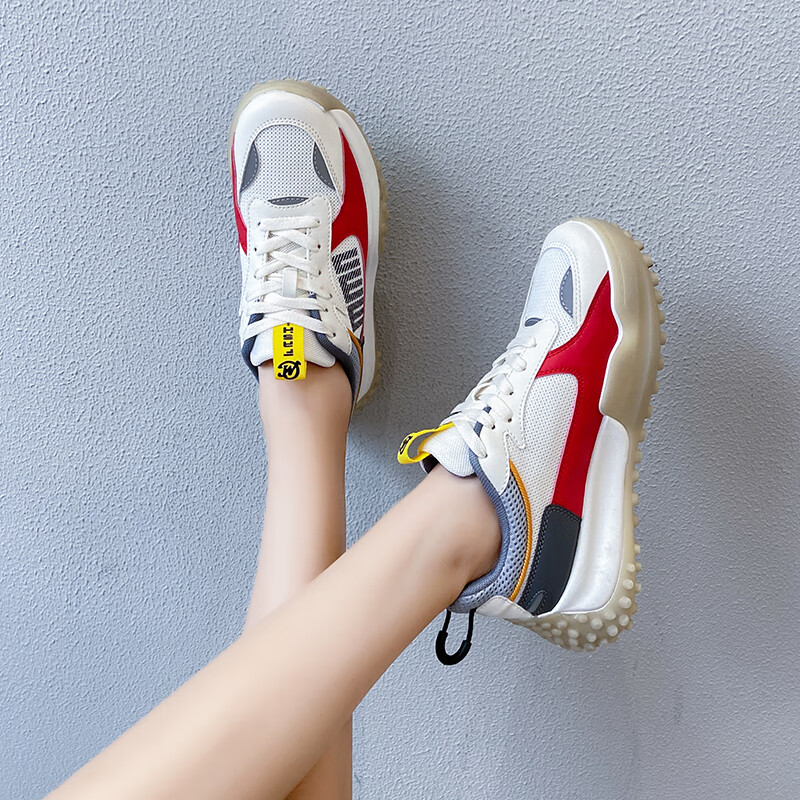 将远行女鞋运动鞋休闲鞋女春季新款网面透气老爹鞋舒适软底时尚跑步鞋女 红色 36 （尺码偏小，建议拍大一码）