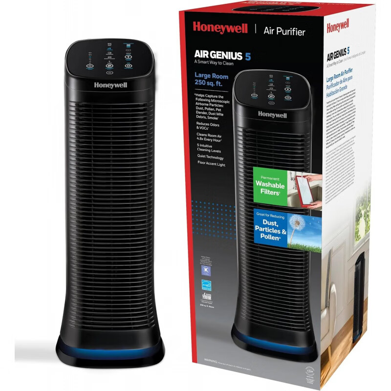 霍尼韋爾（Honeywell）Air Genius 5 空氣凈化器，帶永久性、可清洗過(guò)濾器，適用于大房間，減少煙霧、野火煙霧、灰塵、