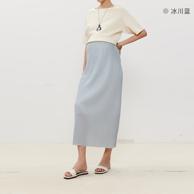Sellynear孕婦直身型高腰壓褶半裙簡約時尚氣質(zhì)減齡中長款半身裙 冰川藍(lán) S