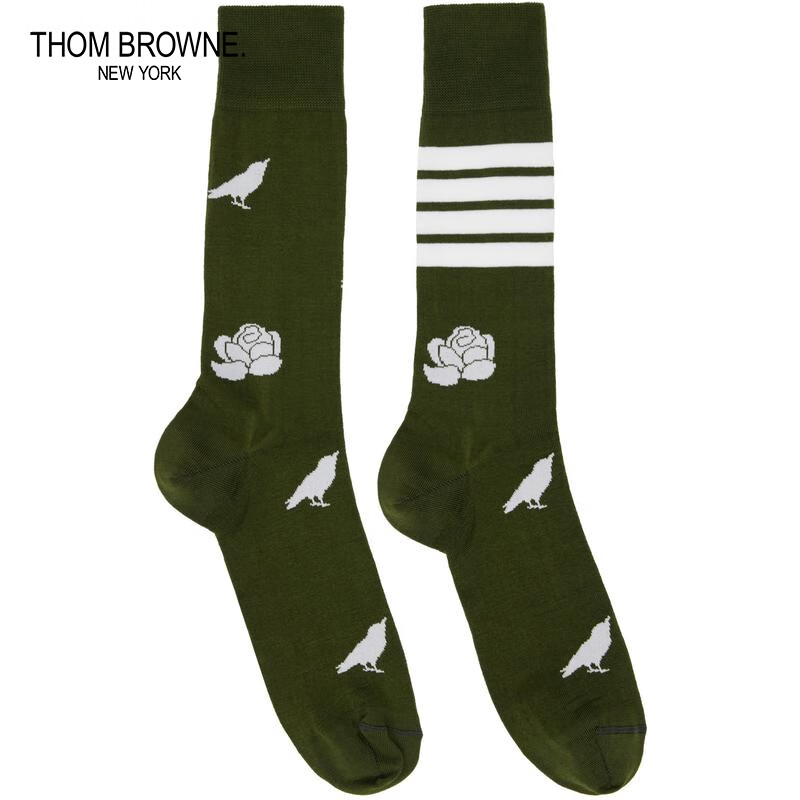 汤姆 布朗(thom browne) 七夕礼物男士绿色提花中筒袜 dark green uni