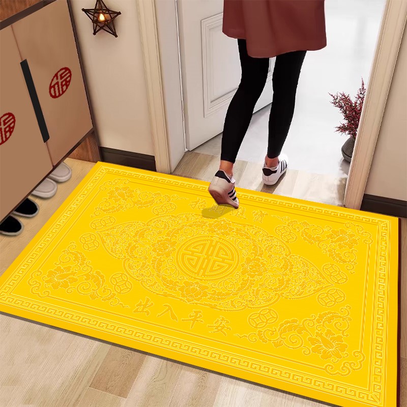 迎菲金色黄色入户门地垫脚垫2026年新款门垫进门口地垫玄关地垫可裁剪 赤金色-聚财(出入平安) 50cm*80cm 【皮革-横版】高*长