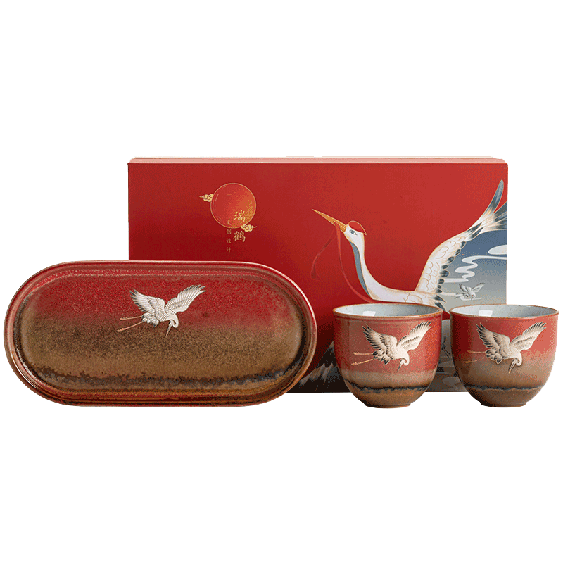 蘇氏陶瓷（SUSHI CERAMICS）國潮文化宮墻紅高溫窯變自然紋理瑞鶴呈祥陶瓷托盤主人對杯禮盒裝