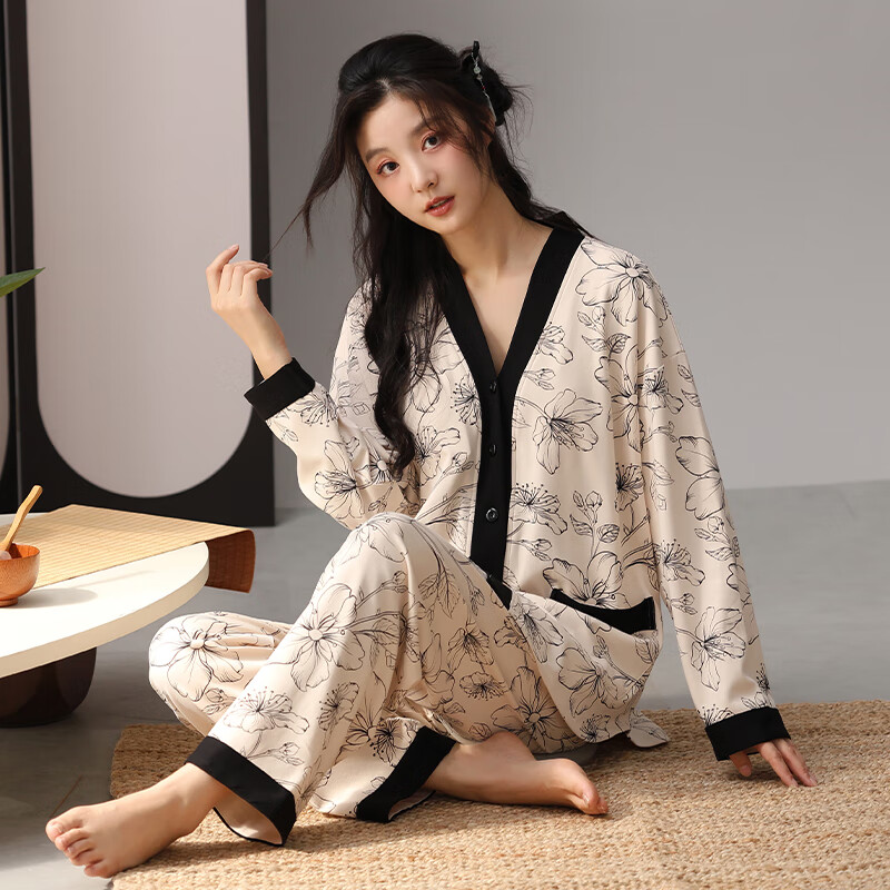 洁丽雅睡衣女士秋冬女纯棉长袖长裤套装高级感带胸垫可外穿家居服女 【100%棉】浓情可可(带胸垫) 412277 L (建议100-120斤)