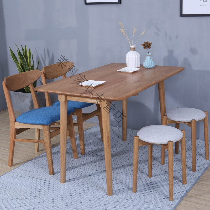 君栖 可折叠餐桌现代简约长方形北欧多功能原木桌子家用饭桌小户型实木 1.5桌+2把小蝴蝶椅+2个圆凳
