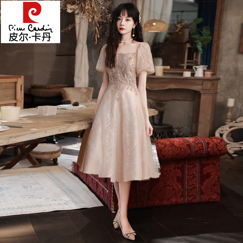 皮爾卡丹（pierre cardin）公主風絕美晚禮服女感輕奢小眾高端主持人成人禮訂婚服香檳色 香檳色亮絲中長款:泡泡袖 XL