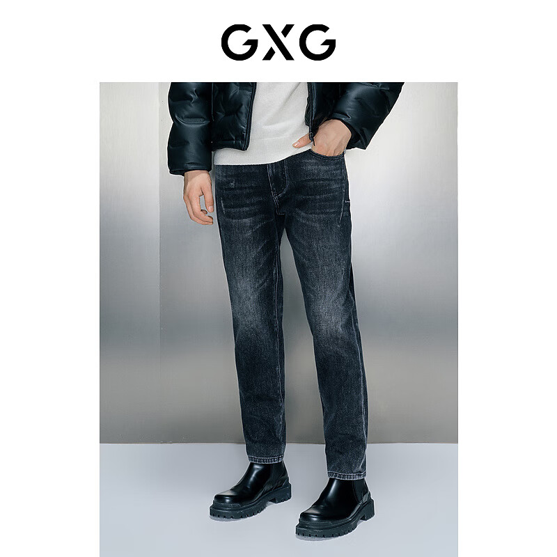 GXG男装 深蓝水洗直筒牛仔长裤 冬季新品GEX10528894 深灰色 S