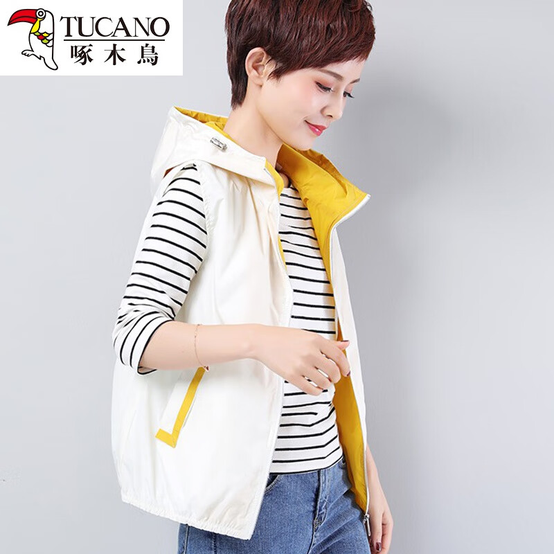 啄木鸟春秋薄款马甲女2025年新款妈妈宽松外搭坎肩防晒运动连帽夏季马夹 白色 L 90-110斤