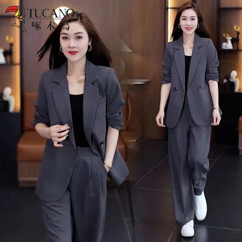 啄木鳥特大碼女裝西裝套裝春季胖妹妹寬松顯瘦休閑西服外套闊腿褲兩件套 灰色【外套+褲子】 2XL 建議135-155斤