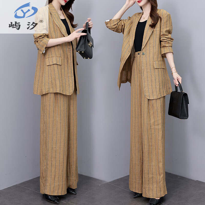嶼汐高端三件套女西裝女2025秋季新款闊腿褲條紋西服大氣時尚套裝大碼 亞麻色 L 111-120斤