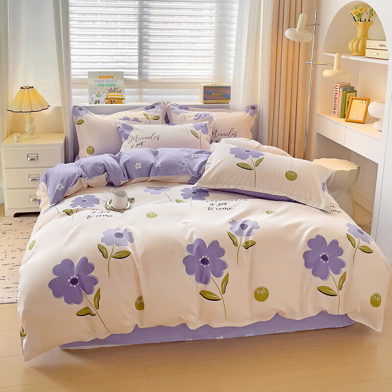 软贝 小清新四件套 透气亲肤 印花卡通简约田园套件被套床单床上用品 春晓-紫 床单款 1.2m三件套(被套150*200cm