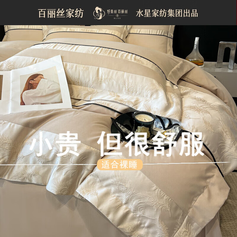 BLISS水星家紡出品100支純棉四件套全棉加厚磨毛高檔床上用品被套床單4 香檳 1.8m 床笠款 四件套/被套220x240cm