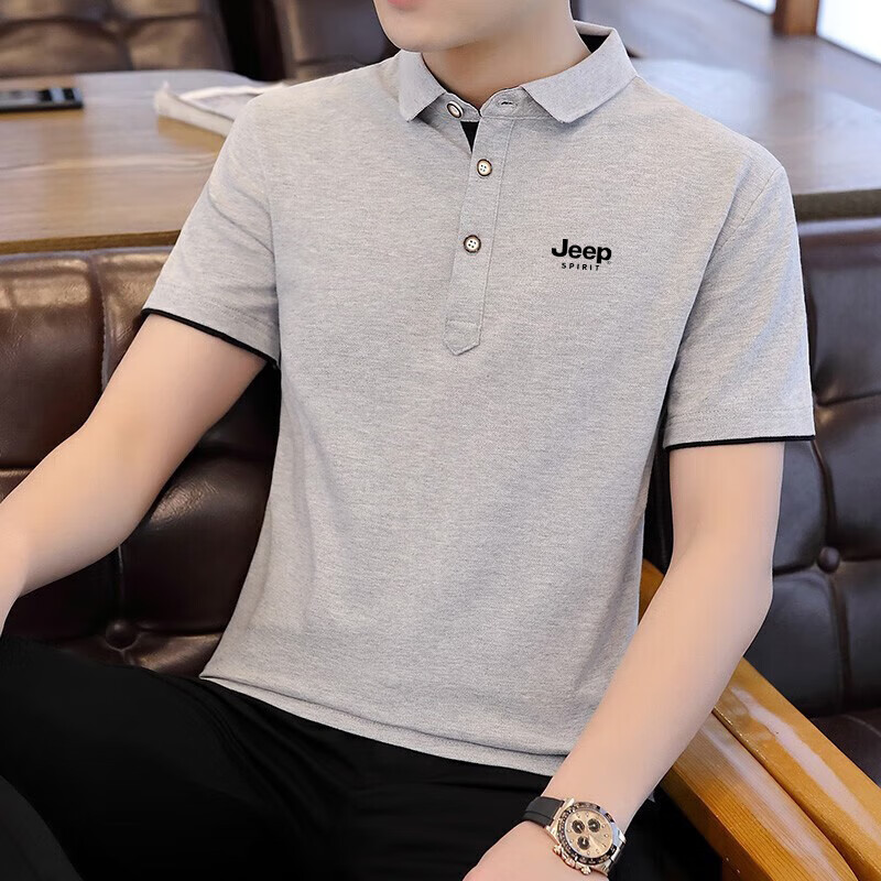 JEEP SPIRIT吉普短袖T恤男夏季POLO衫男翻领商务男修身半袖体恤 黑灰 M (100斤-110斤)