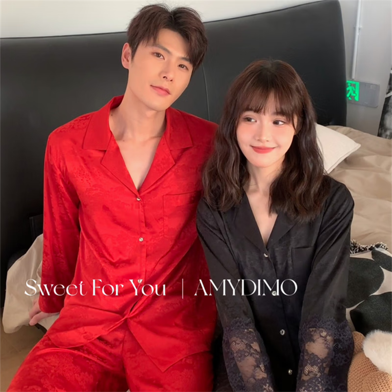 艾缇贝丽amydimo红色结婚情侣睡衣长袖长裤蕾丝黑色家居服 红色-女款 M