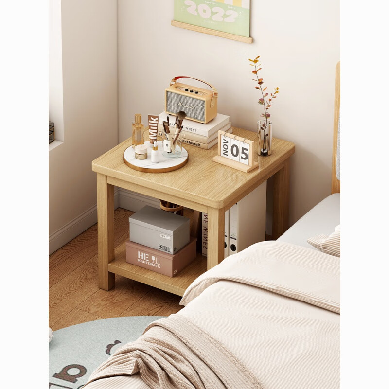 语森忆奶油风床头柜客厅小桌子沙发边几茶几卧室床头桌简易出租屋家用饭 40*40*53cm【实木桌腿】暖白色 【双层置物 宽大台面】