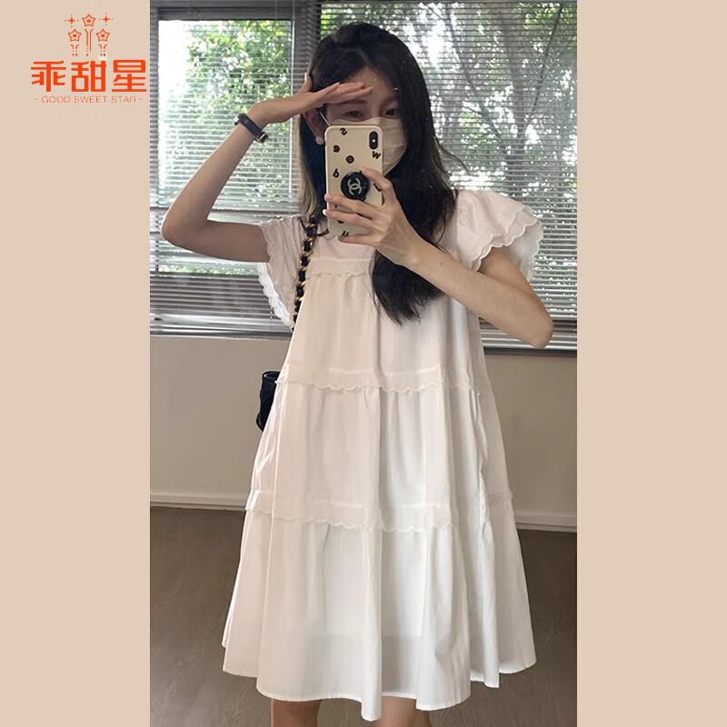 乖甜星小個(gè)子飛飛袖仙女娃娃裙子女夏季2025新款法式白色a字短裙連衣裙 白色 S