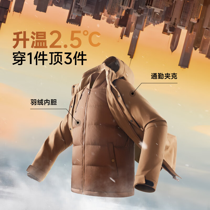 七匹狼【保暖三合一】连帽羽绒服抗静电肌理提花蓄热保暖男士外套 308(驼色) XL 175/92A