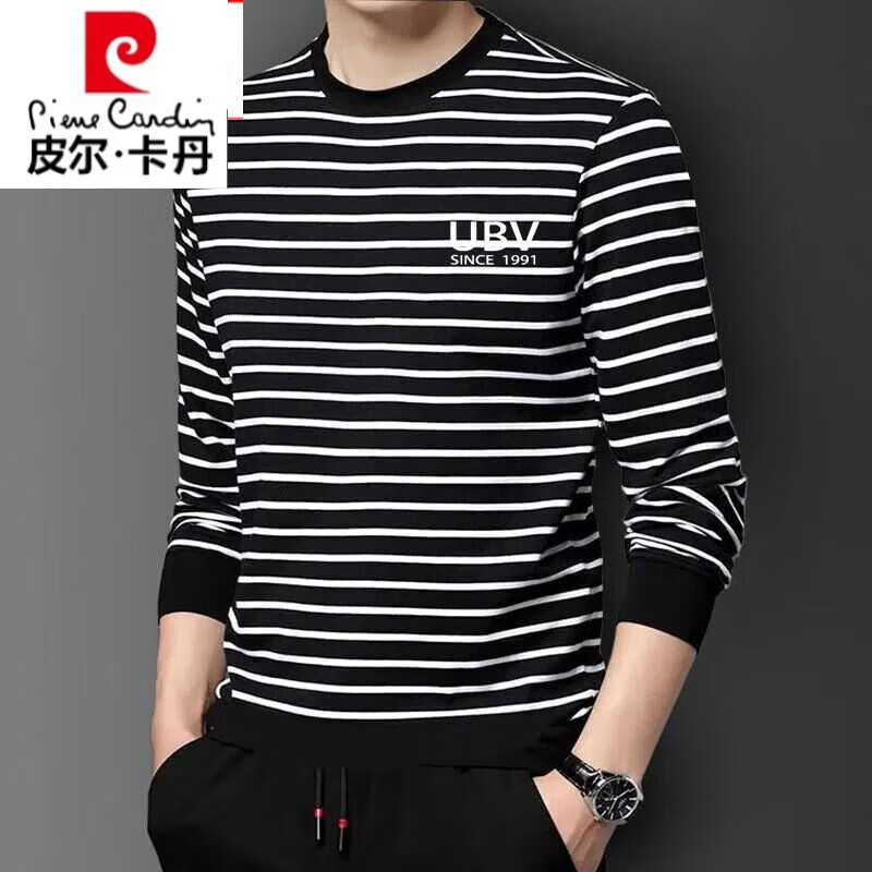 皮尔卡丹不起球纯 棉条纹外穿秋冬款卫衣长袖男圆领t恤洋气高端打底衫内搭 黑白条纹[UBV图]男装长袖 4XL 171-200斤