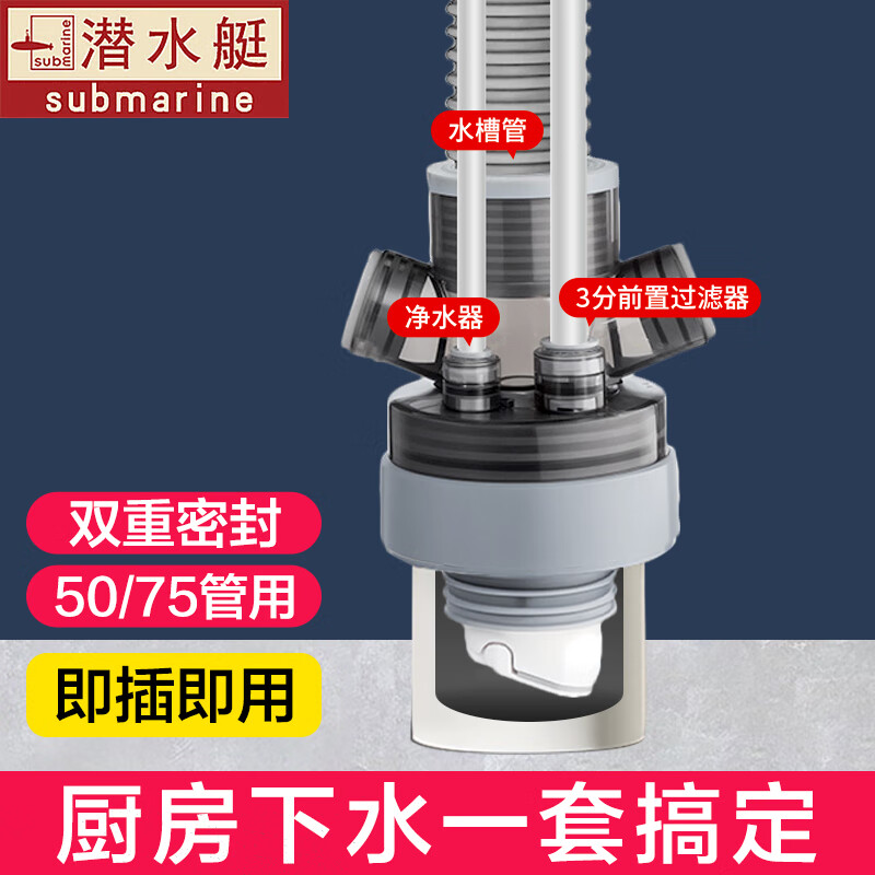 潜水艇（Submarine）厨房下水三通 洗菜盆洗碗机净水器下水管三通接头下水道防臭神器 【11】水槽管+净水器+前置