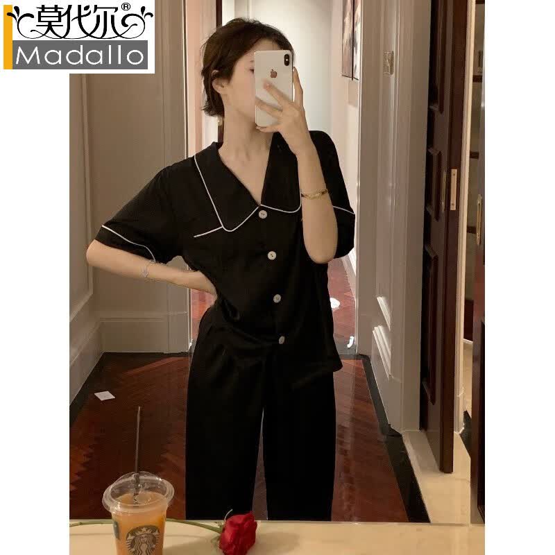 莫代尔简约凉感冰丝睡衣女夏季短袖可外穿两件套装高级感2026新款家居服 黑色 L （建议100-120斤）