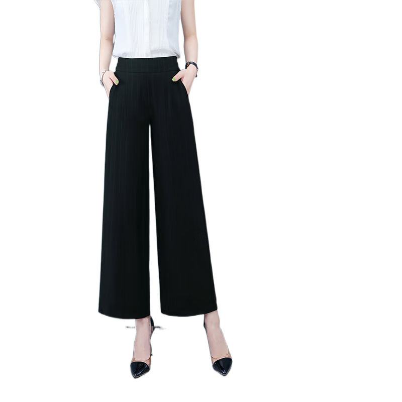 皮爾卡丹（pierre cardin）2025新款九分垂墜感雪紡闊腿褲女夏高腰寬松薄款直筒顯瘦八分褲子 黑色后松緊七分褲 S 26