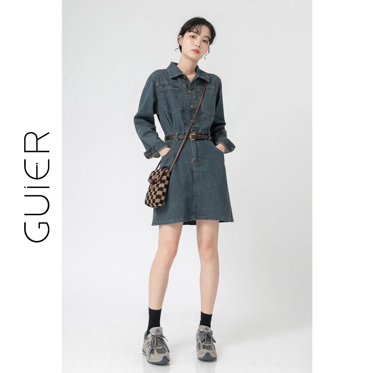 桂兒（guier）「冰氧Sirospun」拉伸比例塑身型 牛仔連衣裙女法式加絨裙子 藍(lán)色（短款） M