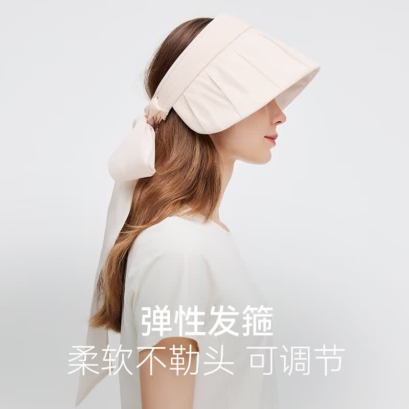 OhSunny防晒帽春夏新款户外遮阳系带西西纱空顶帽护脸时尚太阳帽 晚纱粉