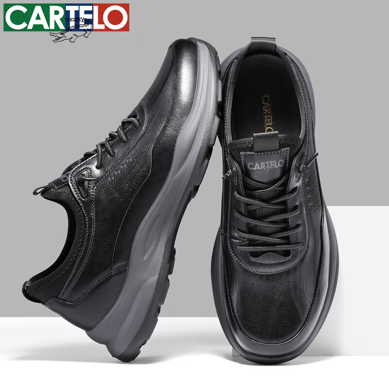 卡帝乐鳄鱼新款春秋休闲皮鞋男士时尚百搭软底鞋子舒适男士商务黑色真皮男鞋 黑色 42