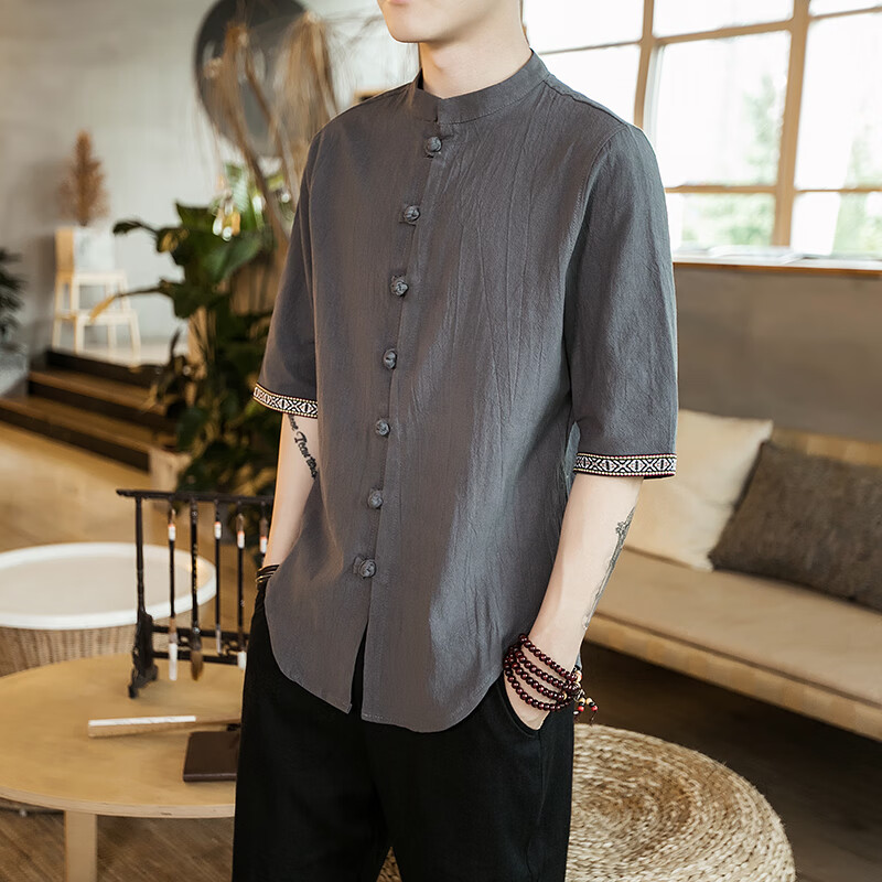 oein德云华服中山装男青年中国风亚麻短袖衬衫唐装男潮牌汉服复古装夏