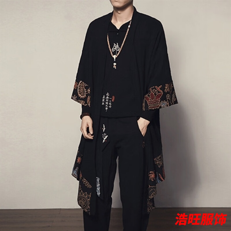 口旋復(fù)古中國(guó)風(fēng)男裝民族風(fēng)外套唐裝七分袖和服開衫中長(zhǎng)款披風(fēng)衣潮 F110黑色 M