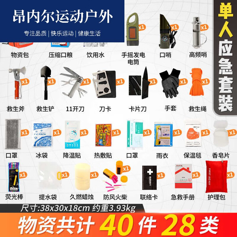 茵卡布地震应急救援包家庭家用人防战备战争物资储备全套装备包SN5423 单人人防战备应急包（40件套）