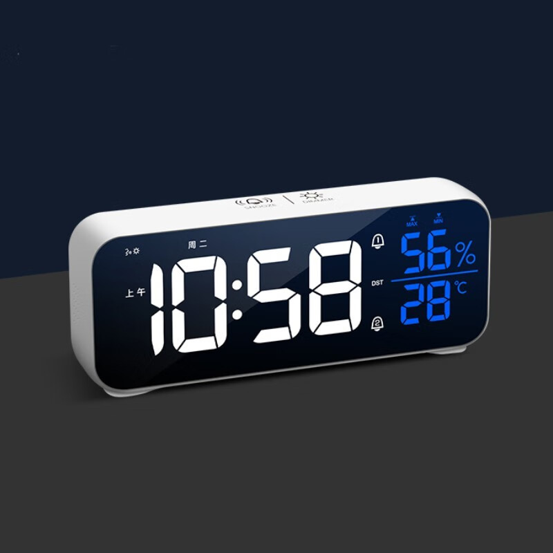 电子闹钟学生起床神器 大数字时钟 LED贪睡闹钟台钟座钟温锂电池 白色