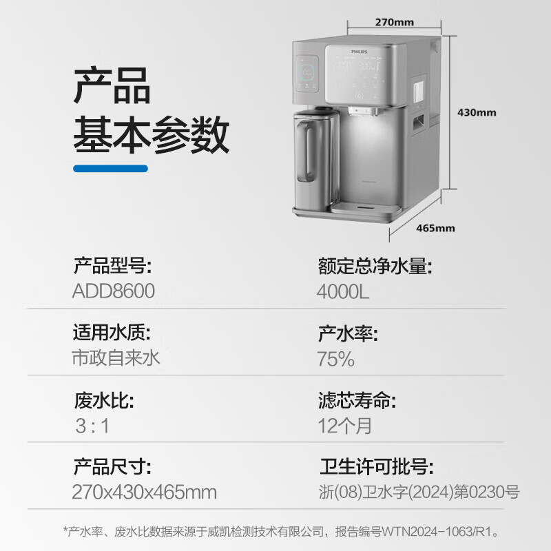 飞利浦(PHILIPS)净水器冰境i1 家用台式即热免安装净饮机饮水机矿泉加热直饮一体机 净水器 【首创制冰净水器】两芯ADD8600