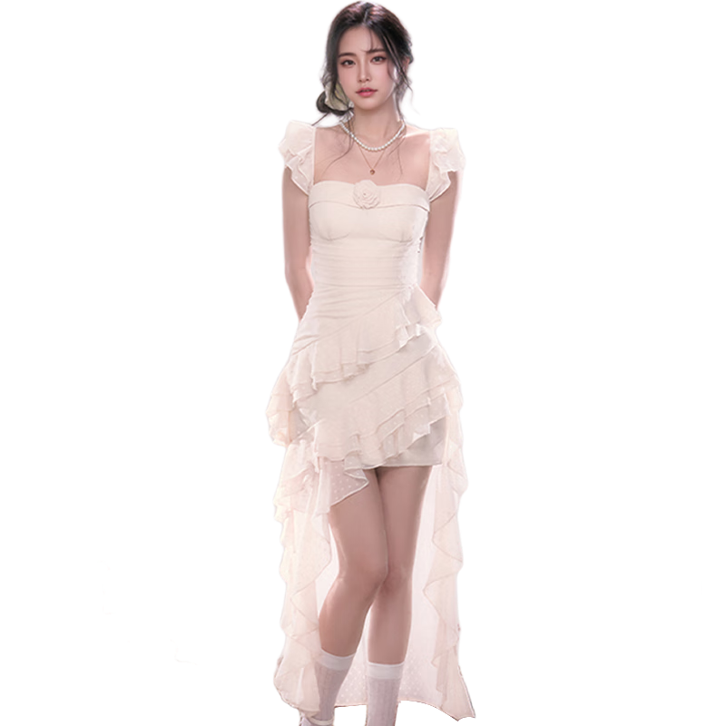 西遇法式方領(lǐng)連衣裙女2025年春季新款薄紗荷葉邊一字肩收腰裙子 米白色 L (165)