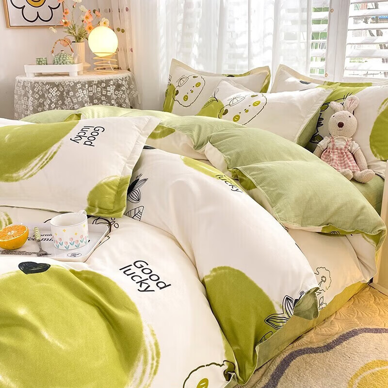 软贝 小清新四件套 透气亲肤 印花卡通简约田园套件被套床单床上用品 青苹果 床单款 2.0m四件套(被套200*230cm