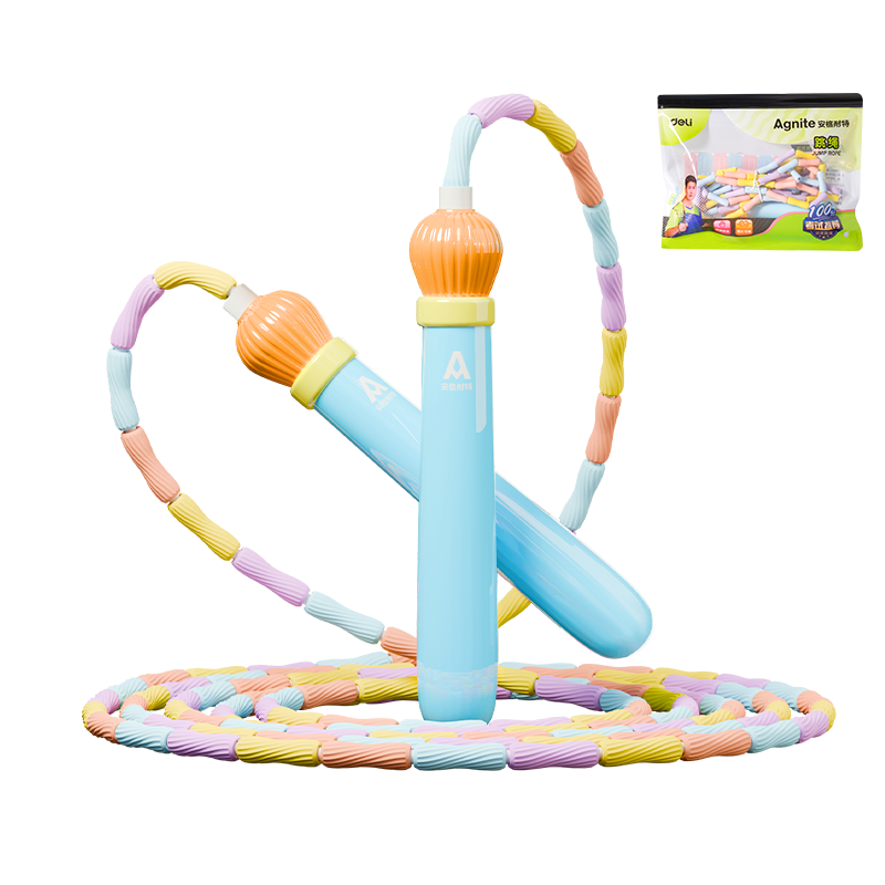 得力儿童竹节pvc款跳绳小学生幼儿园初学用绳子运动可调节跳绳中考考 【软竹节款】多彩蓝2.6m长度可调